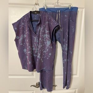 FIGS Rafaela top and Livingston pants XL custom dyed, bleach painted purple blue
